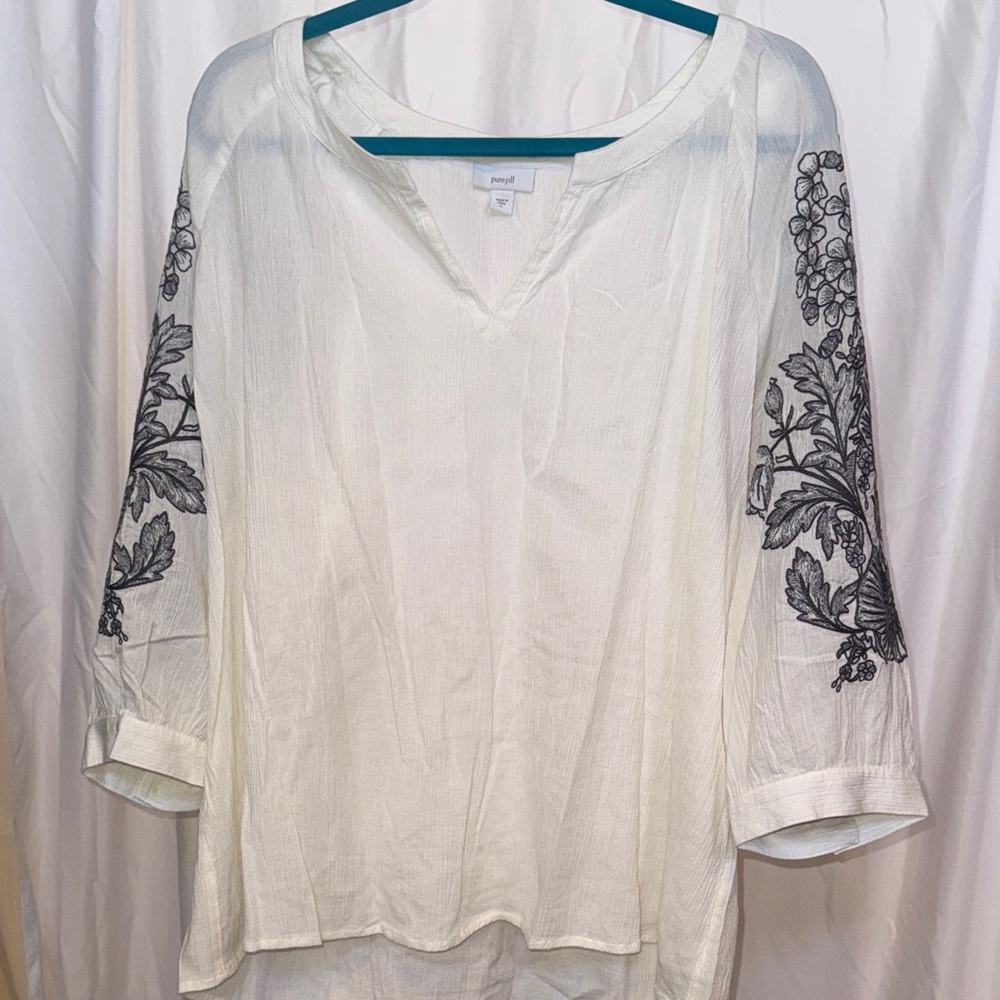 Cream Blouse with Gray Floral Embroidery